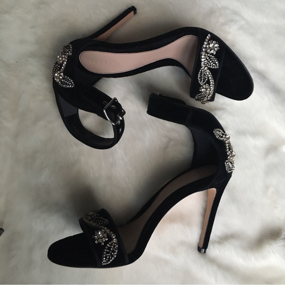 NIB Alexander McQueen Velvet Grosgrain Trim Crystal Embellished Sandals - Picture 8 of 16